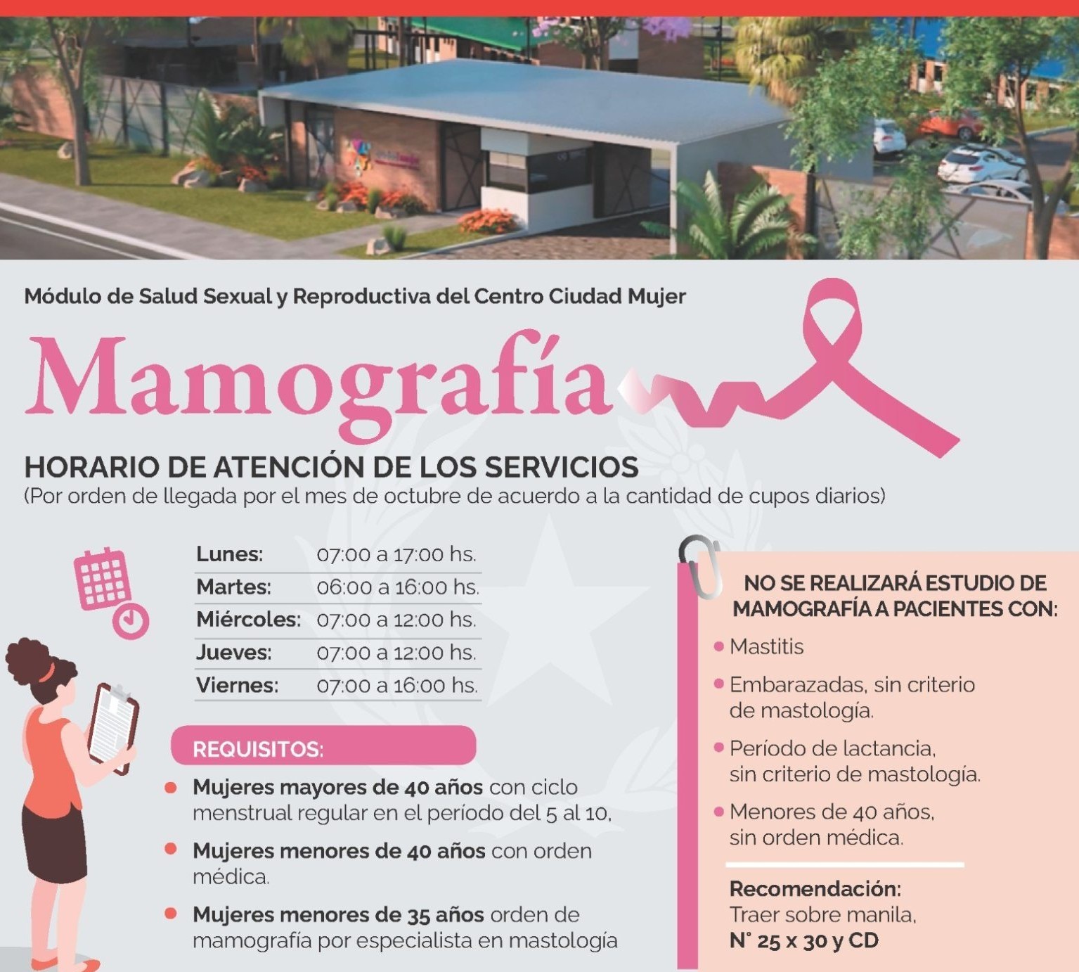 Octubre Rosa: Ciudad Mujer atenderá por orden de llegada para mamografías
    
    <div class=